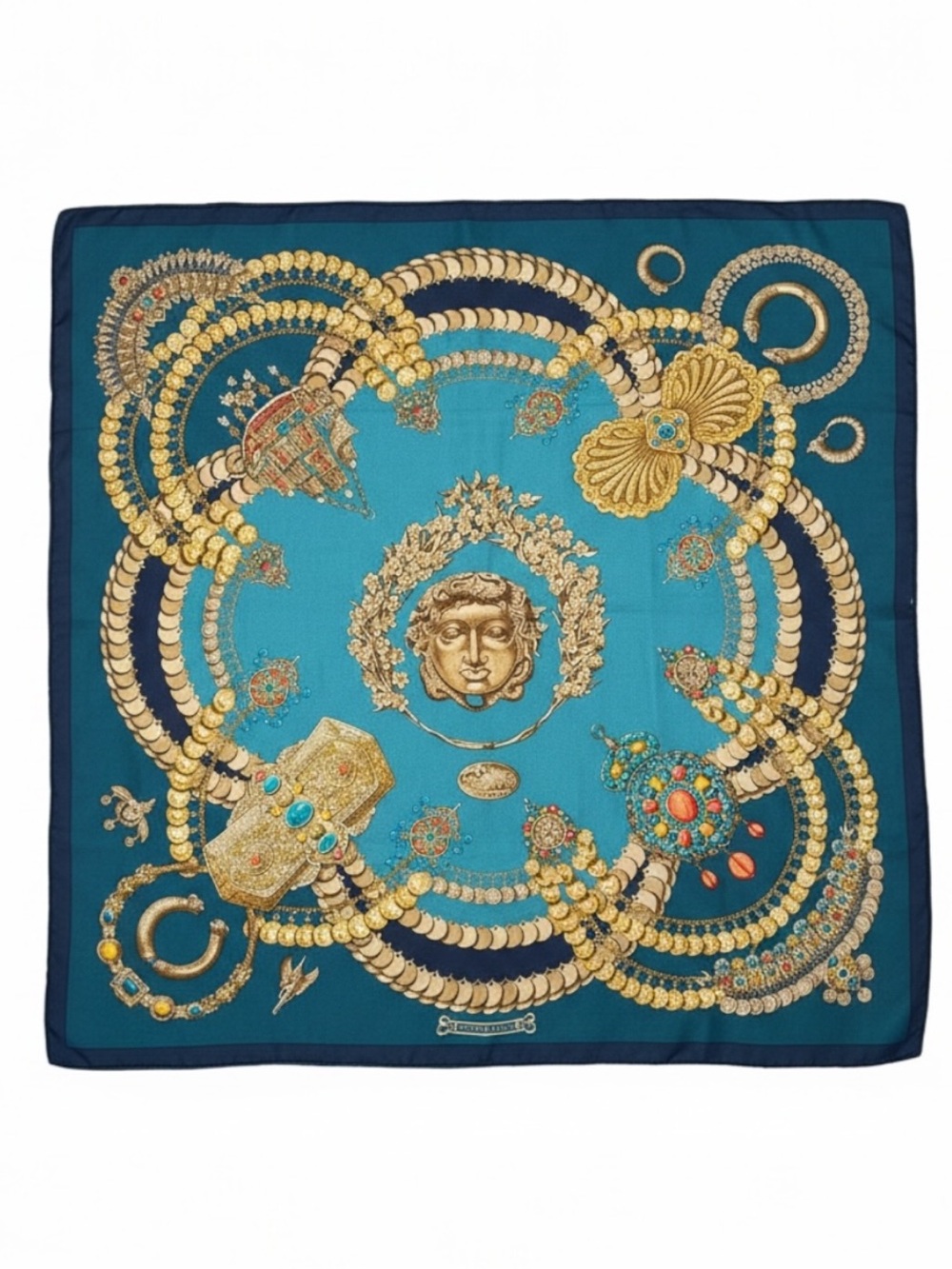 Hermès Scarf Cosmima 90cm Silk Carré Blue Gold Jewelry Print Vintage France